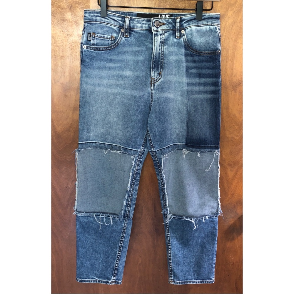 Love Moschino High Rise Patchwork Straight Leg Jeans Distressed Slouchy Y2K 26